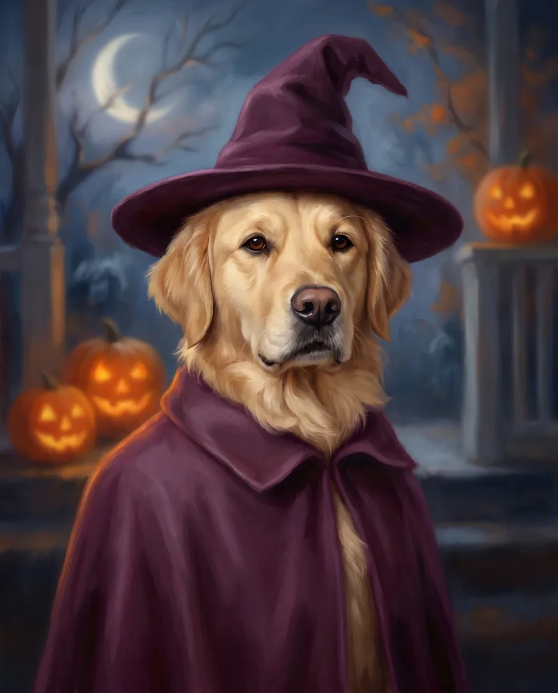 Golden retriever in a deep plum witch hat and cape, moonlit porch behind