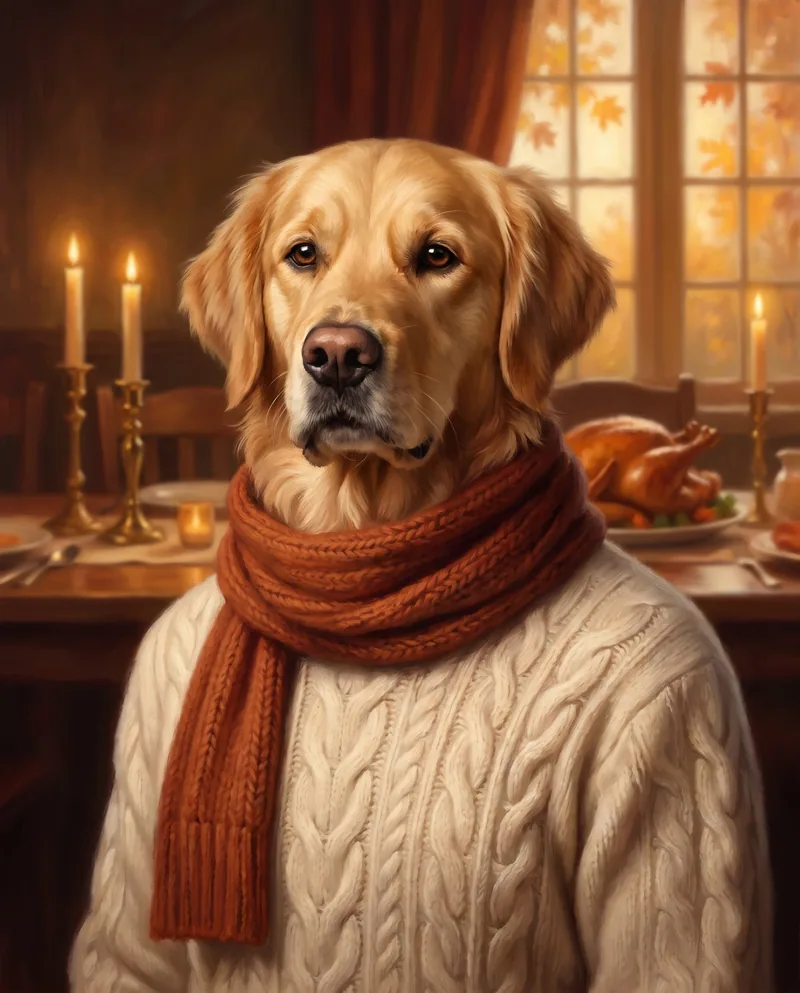 Golden retriever in a cream cable knit sweater and rust scarf, candlelit table behind