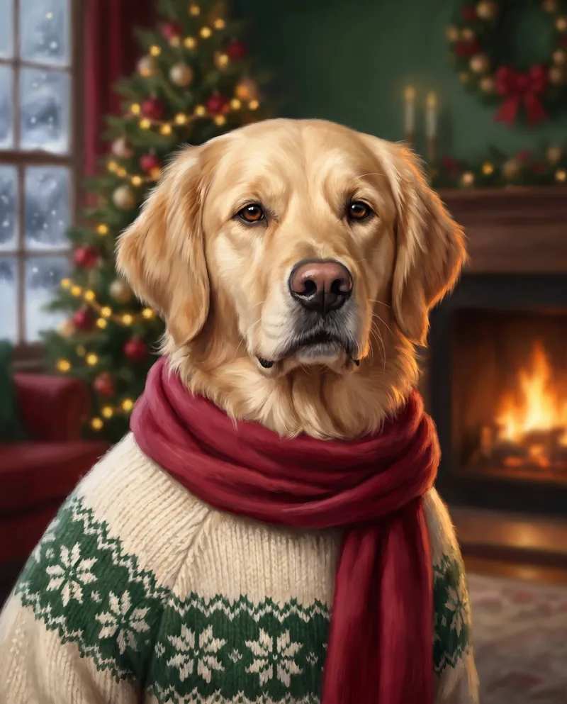 Golden retriever in a Fair Isle sweater and red scarf, Christmas tree and fireplace behind